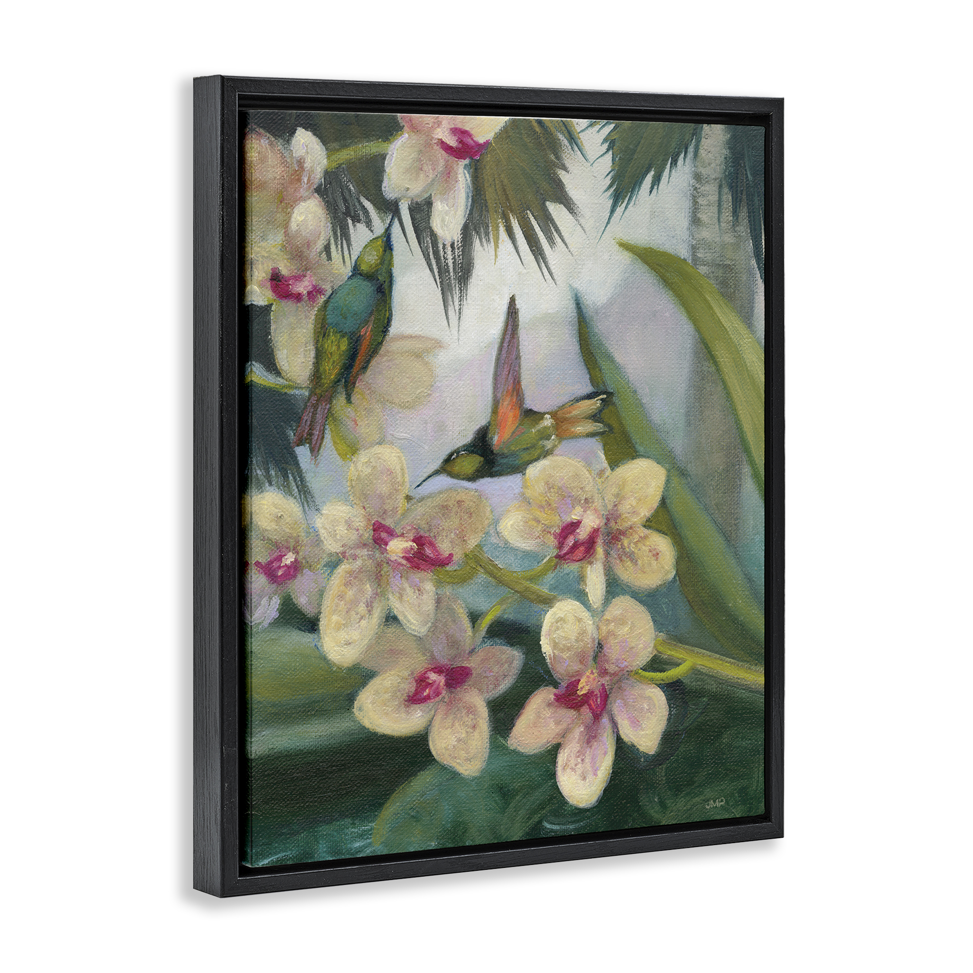 Stupell Industries Hummingbirds Among Blossoms Landscape Painting Black Floater Framed Canvas Art Print Wall Art, 17 x 21