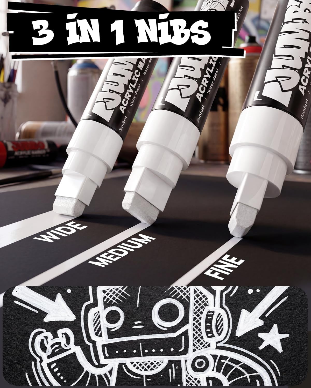 JusArt 4 Pcs White Jumbo Poster Marker Set, 15mm Wide Tip and 0.7mm Fine Tip, Acrylic Paint Markers for Rock, Fabric, Glass, Metal, Wood