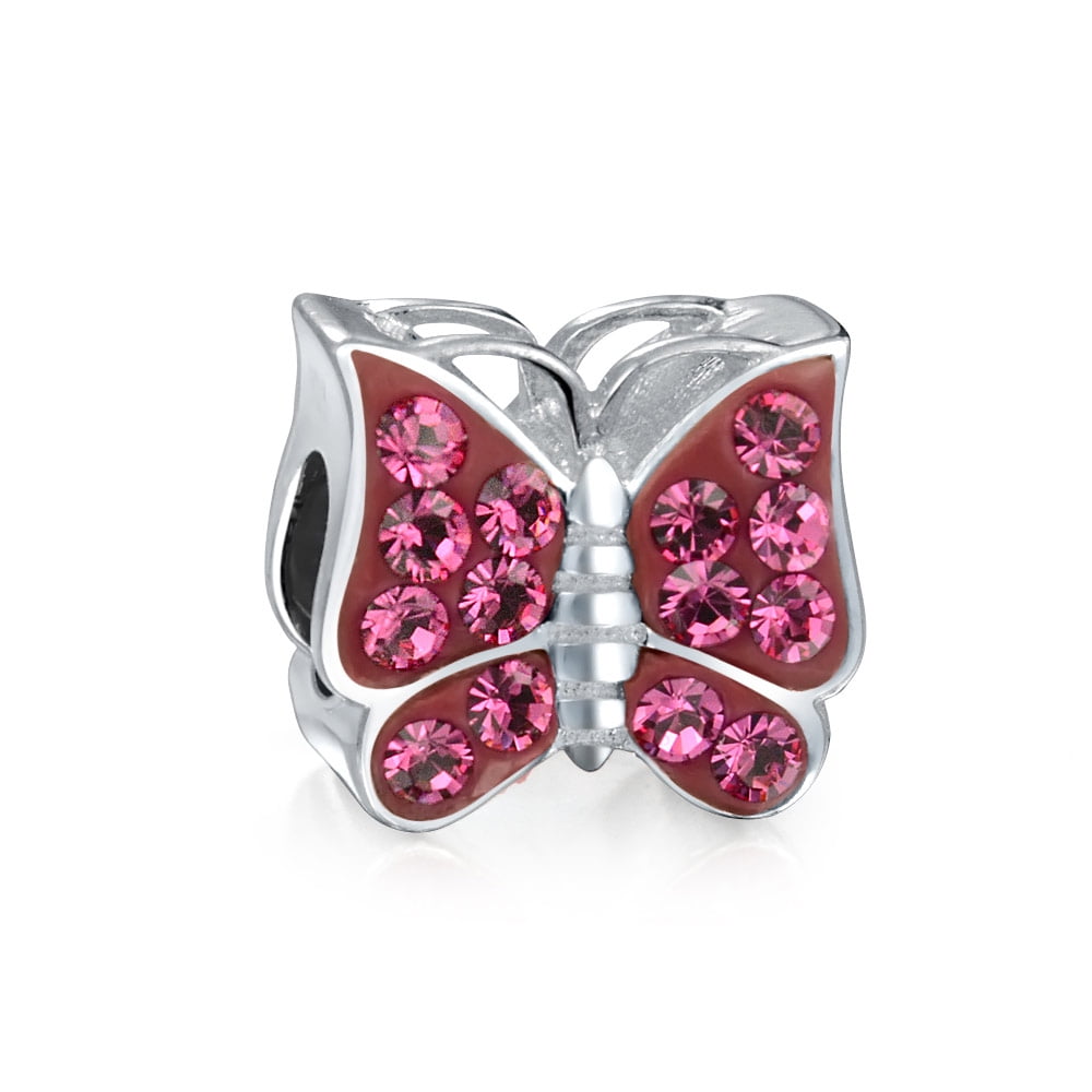 Calvas 925 Sterling Silver Fashion Round Purple Crystal Pink Butterfly Enamel Beads Fit for Women Charm Bracelet DIY Jewelry 