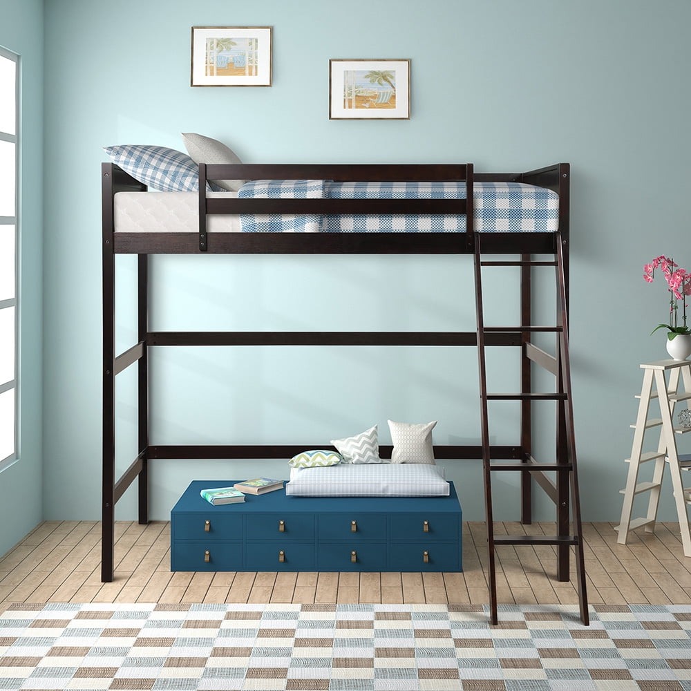 Private Jungle Twin Size Loft Bed with Ladder and Guard for Teens Bedroom, Espresso
