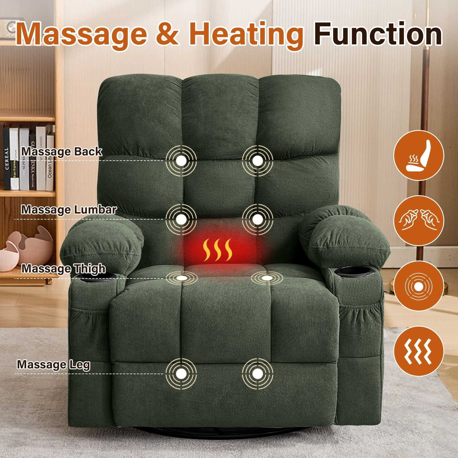 Alvantor Swivel Rocker Recliner Chair with Massage & Heat Single Rocker Sofa with Cup Holders for Bedroom Home Theater Green