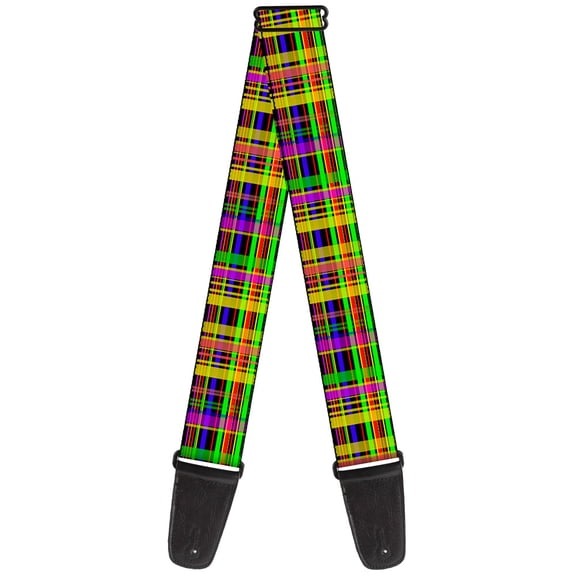 Buckle-Down Guitar Strap, Plaid Black Multi Neon, 2 Inches Wide