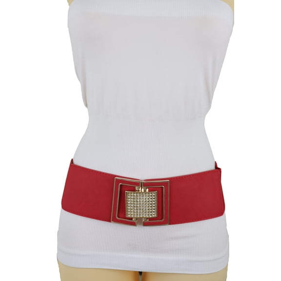 Women Red Elastic Waistband Fashion Belt Gold Square Buckle S M