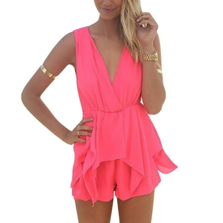 Woman Sleeveless Crossover V Neck Elastic Waist Sexy Playsuit Deep Pink XS