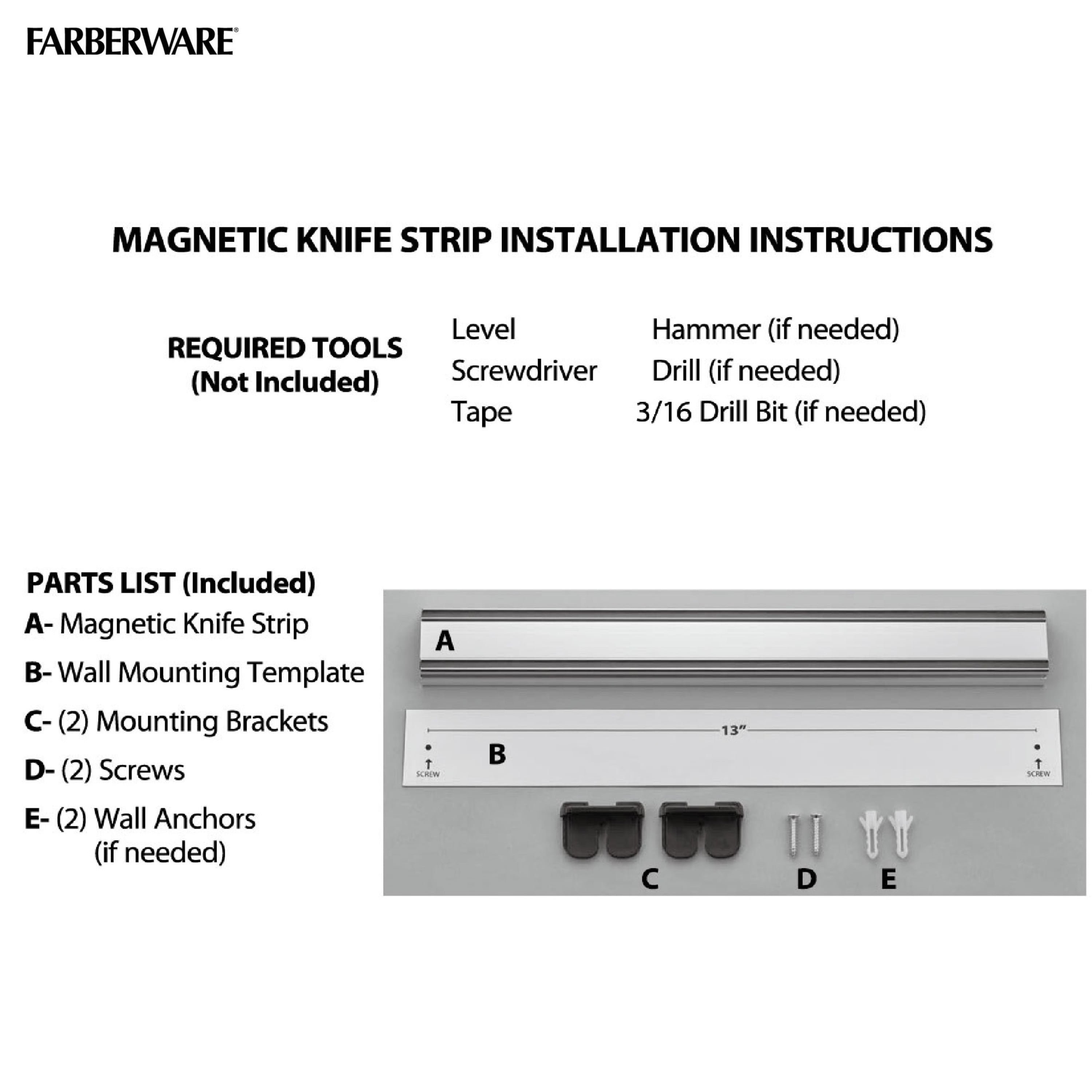 Farberware Stainless Steel Magnetic Knife Strip with Black Accents, Knives Not Included