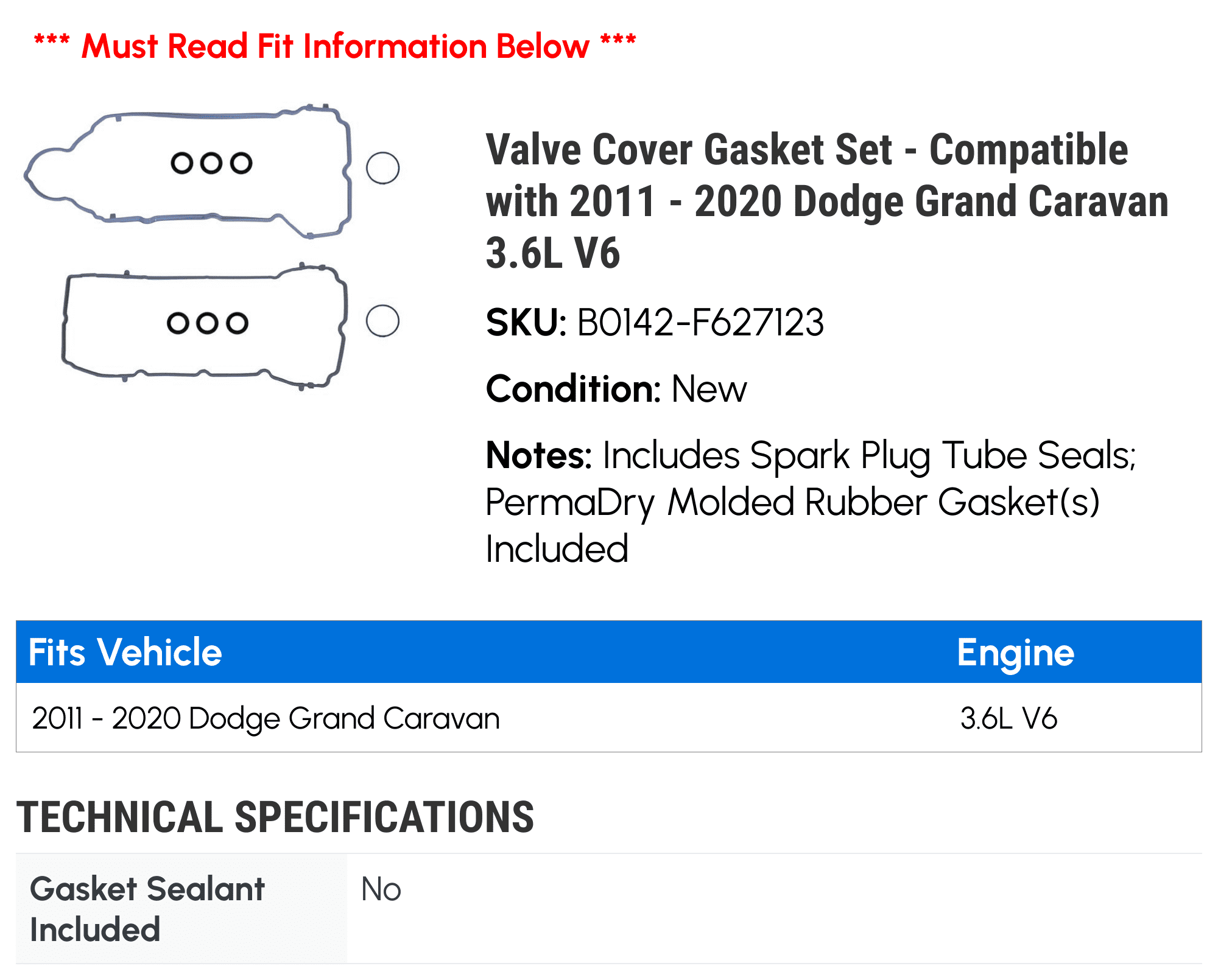 Valve Cover Gasket Set - Compatible with 2011 - 2020 Dodge Grand Caravan 3.6L V6 2012 2013 2014 2015 2016 2017 2018 2019