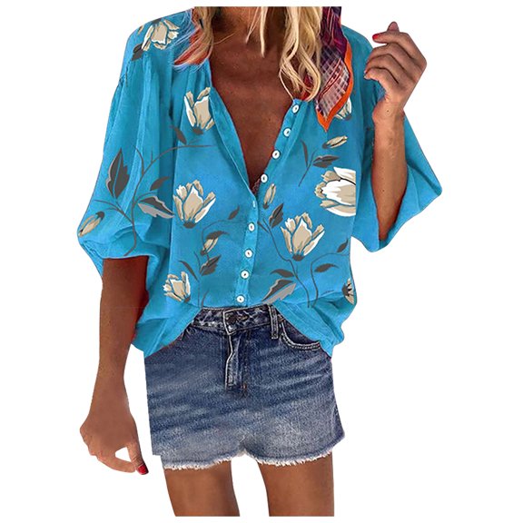 Honeeladyy Sales Online Buttons Shirt Womens Floral Blouse Tops Classic Flower Leaf Graphic Print V Neck Summer Loose Casual T Shirt