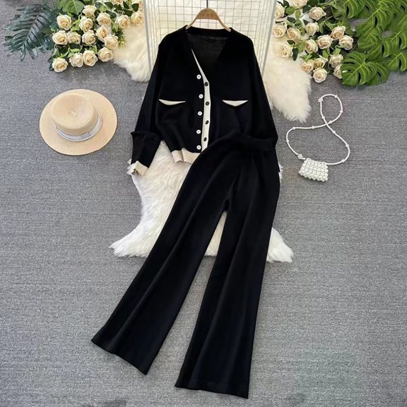 Sriper Casual Sets for Women 2 Piece Business Lounge Outfits Long Sleeve Button V-Neck Cardigan High Low Hem Comfy Tops High Waisted Wide Leg Dress Pants Baggy Slacks Matching Set Fit Work Streetwear