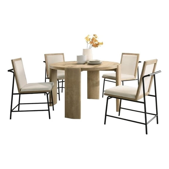 Pemberly Row Wood Oak Finish 47" Round Dining Set with Cream Color Chairs