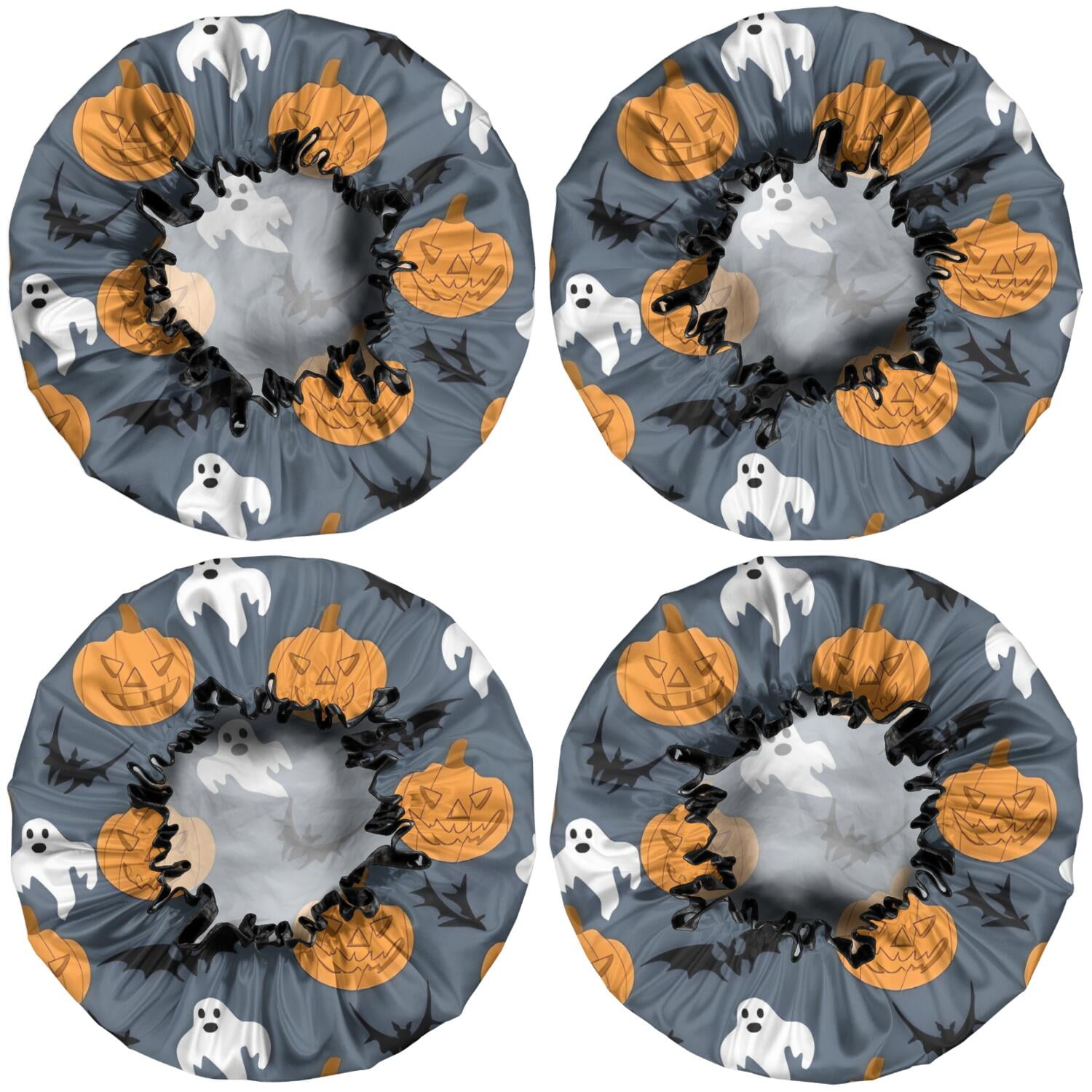 Shower Caps,Pumpkin Ghost Bat Halloween Pattern Waterproof Shower Cap for Women 4 Pieces,Double Reusable Hair Cover for Shower PEVA Elastic Stretch Hem
