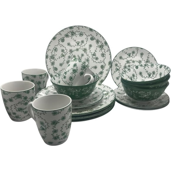 Royal Haus By Apolo | Vajilla de Cerámica Elegante de 16 Piezas: Taza, Tazon, Plato Ensaladero Y Plato Trinche 3A106 Verde