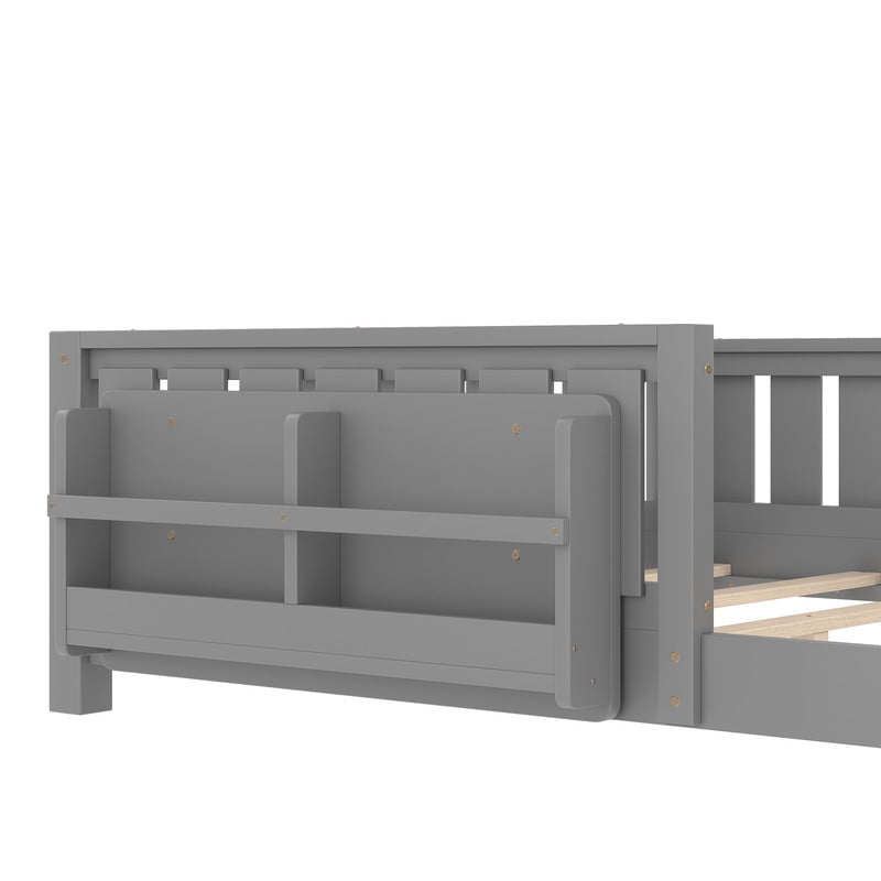 Bellemave Queen Size Floor Bed with Bookshelf, Wood Montessori Beds with Slats and Safety Guardrail, Low Profile Queen Bed Frame with Fence, No Box Spring Needed (Gray)