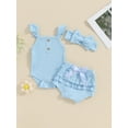 thumbnail image 2 of CIYCuIT Baby Girls 3Pcs Summer Outfits Solid Color Sleeveless Ribbed Romper + Layered Ruffle Shorts + Headband 3M 6M 12M 18M Newborn Infant Cute Casual Shorts Sets, 2 of 8