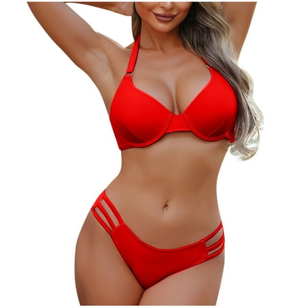 UTSJKR Savings Thong Bikini Sets for Women Sexy 2 Piece Tummy Control Bathing Suits Halter Curvy Cutout String Cheeky Swimsuits Red L