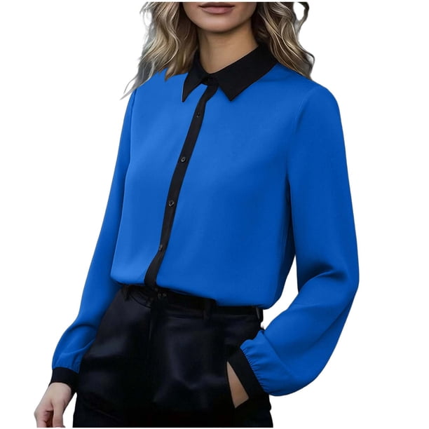 Tops de Manga Larga de las Mujeres Botón Casual Patchwork Up Turndown Collar Blusa Top de Moda de las Mujeres Tops de Manga Larga