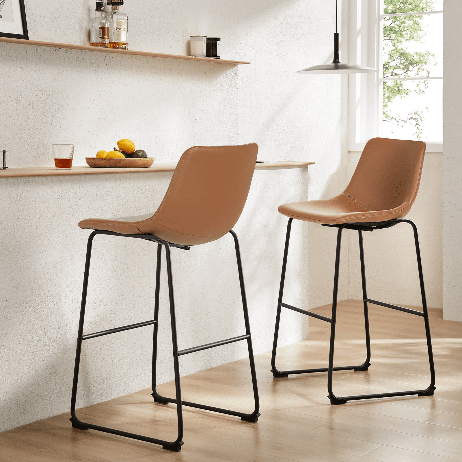MoNiBloom PU Leather Barstools Set of 2, Modern Counter Height Bar Stools, Dining Pub Chairs with Padded Bucket Seat, Brown