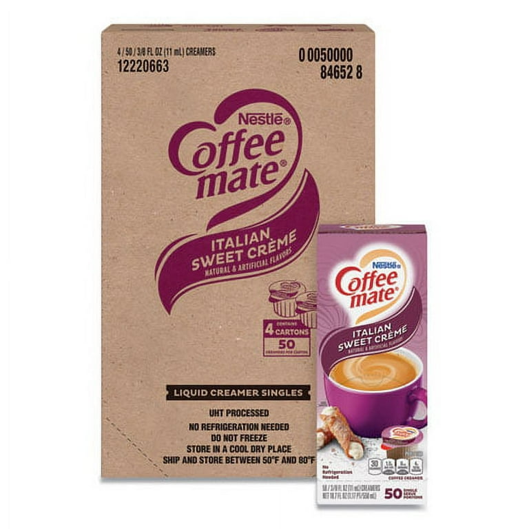 Liquid Coffee Creamer, Italian Sweet Creme, 0.38 oz Mini Cups, 50/Box, 4 Boxes/Carton, 200 Total/Carton Liquid Coffee Creamer, Italian Sweet Creme, 0.38 oz Mini Cups, 50/Box, 4 Boxes/Carton, 200 Total/Carton