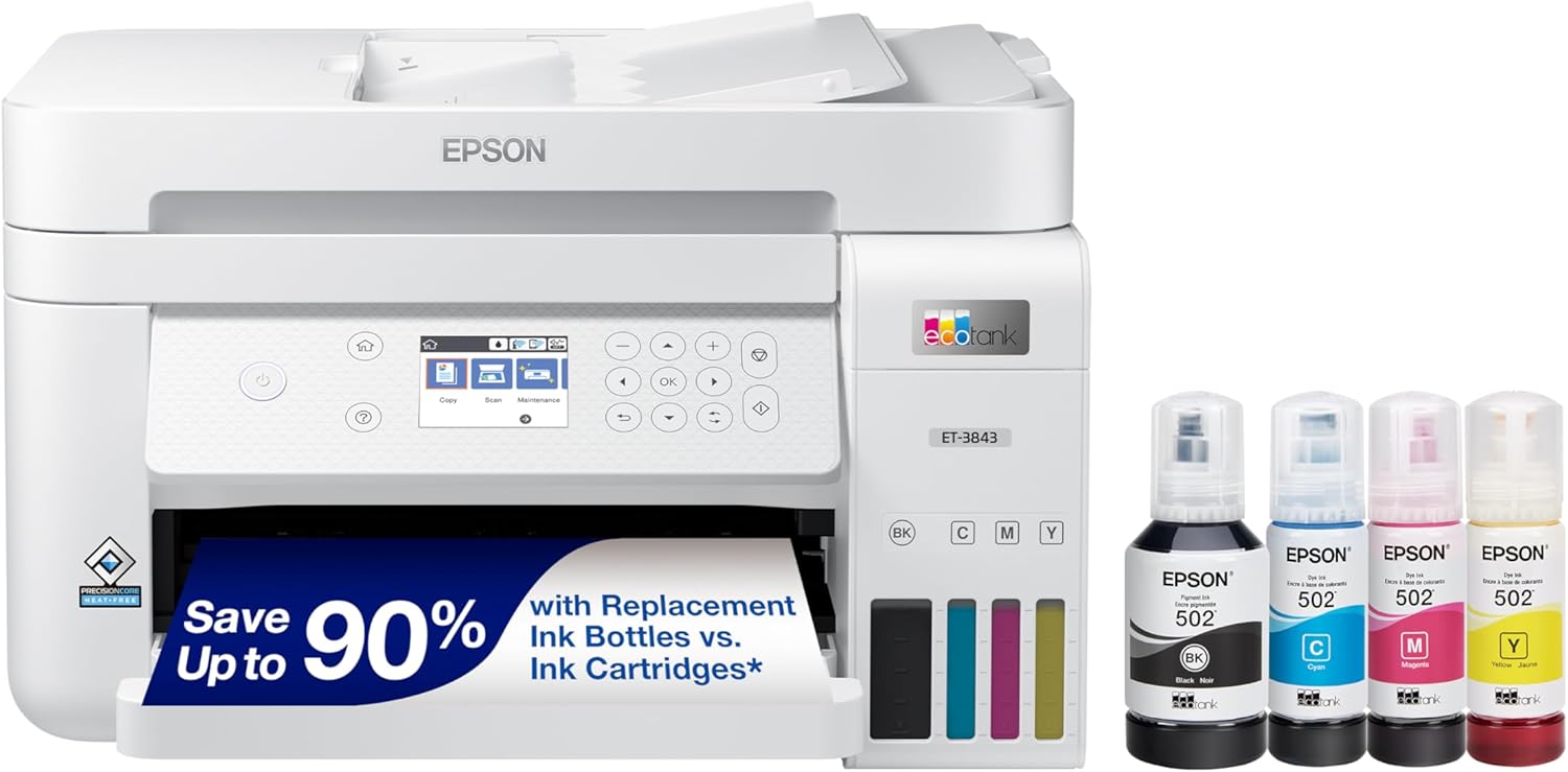 Epson EcoTank ET-3843 Wireless Color All-in-One Cartridge-Free Supertank Printer with Scanner, Copier, ADF and Ethernet-for The Ultimate Home Office, White (Sold without manufacturer warranty)