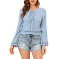 thumbnail image 5 of INSPIRE CHIC Women's Tops Bell Sleeves Boho Lace Eyelet Smocked Waist Peasant Blouse S Blue, 5 of 7
