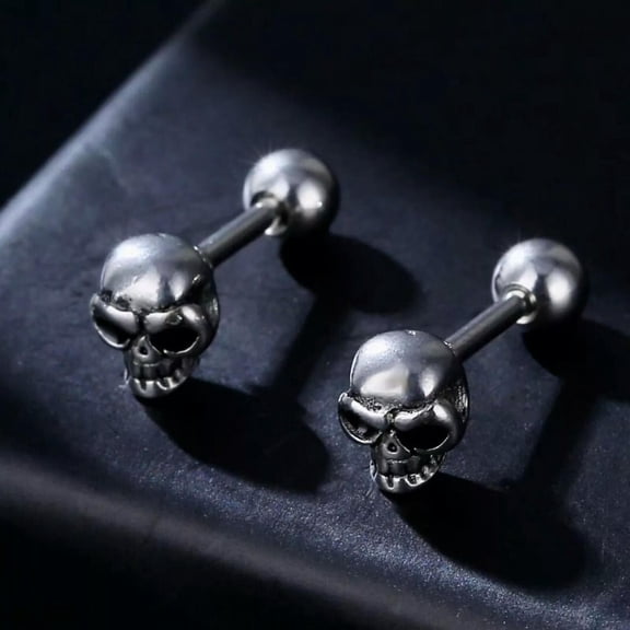 GKNET Gothic Punk Rock Skull Earrings Surgical Steel Screw Back Ear Stud Mens Womens