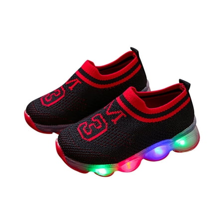 

Odeerbi Reduced Toddler Baby Kids Flying Knit Letter Sneakers Girls Boys LED Glow Breathable Black