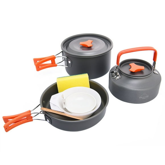 Widesea 8PCS Portable Integrated Camp Cookware Handle Alumina Carbide Cookset for Travel Camping Hiking Picnic Barbecues Cooking Outdoor Equipment with Tea Pot Pan Bowl Soup Ladle