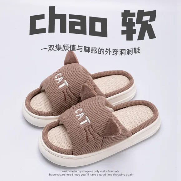 House Slippers Panda Cat Women Summer Cute Linen Couples Indoor Non Slip Thick Funny Sandals Cartoon Kawaii Home Shoes 2024 New tzw