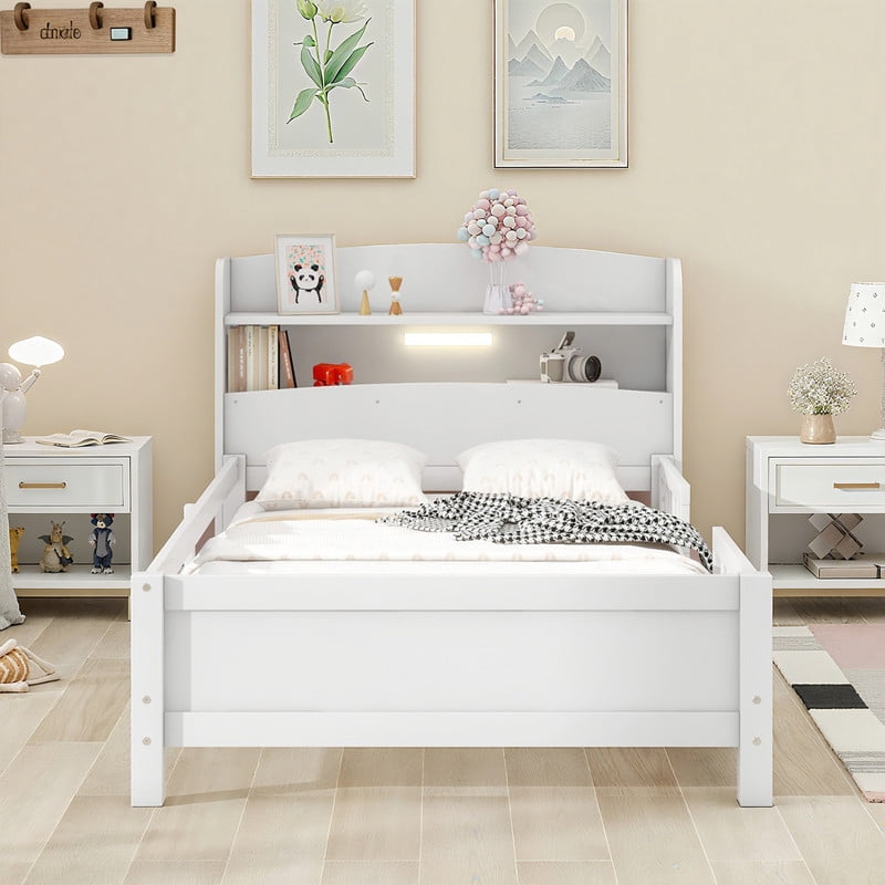 HICOMILA Twin Size Bed with Safety Guardrails and Storage Headboard, Wood Platform Bed Frame with Shelves and Built-in LED Light, White