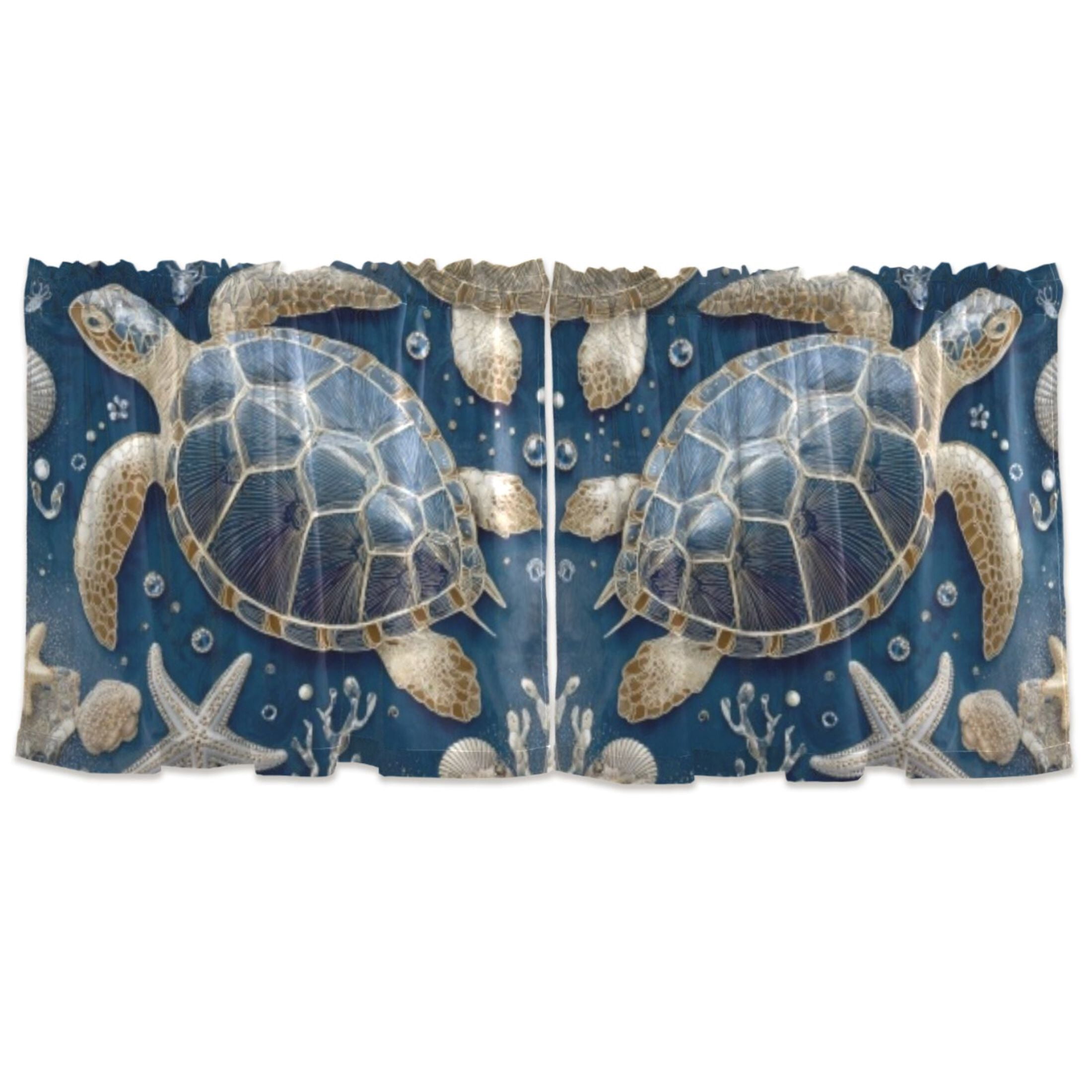 BZSMCE Set of 2 Pieces Window Curtains In Navy Beaded Sea Turtle Pattern 57x24in/57x36in