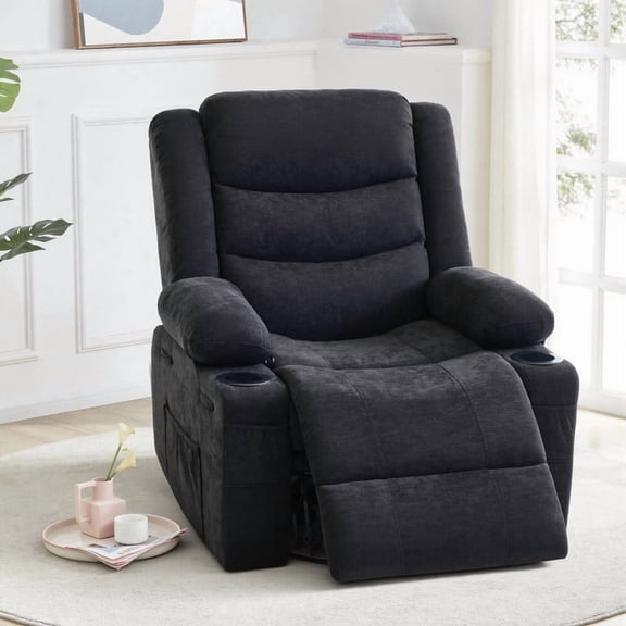 GAOHAPY Rocker Recliner Chair, 360° Swivel Recliner Chair for Adults, Chenille Fabric Single Sofa Seat with Cup Holders, Recliner Single Sofa with Side Pocket (Black)