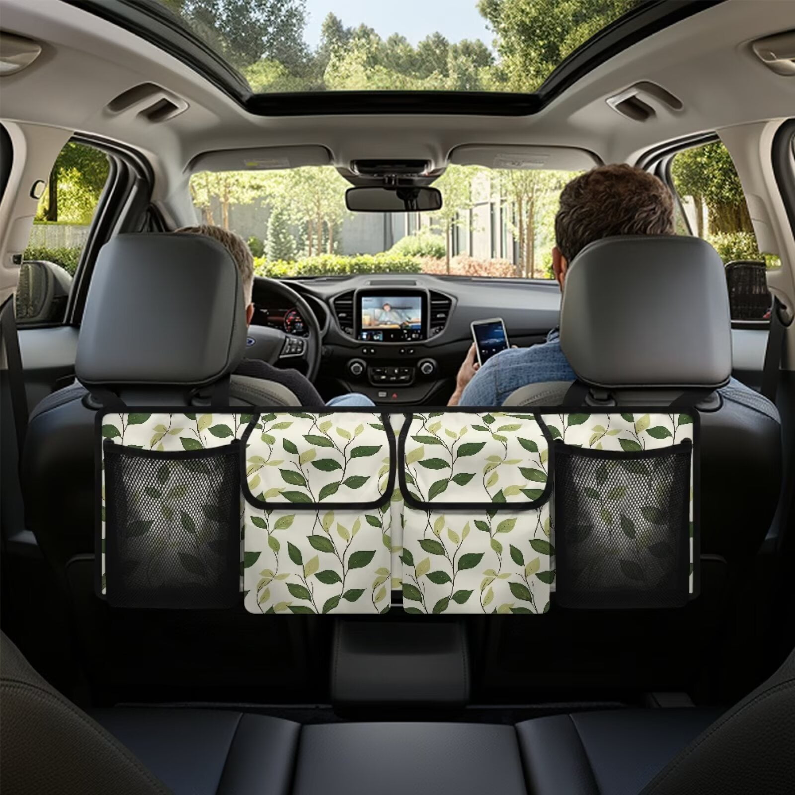 KUIFORTI Trunk Organizer for Car Women Green Leaf Backseat Car Organizer with 4 Pockets (37.01"*11.8") Oxford Cloth, Make the Trunk of Your Car Look Neat and Tidy
