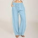 thumbnail image 2 of Pantalones casuales de lino con cintura ancha y cordón largo para mujer - Pantalones elásticos de cintura alta y pierna ancha en color liso, 2 of 5