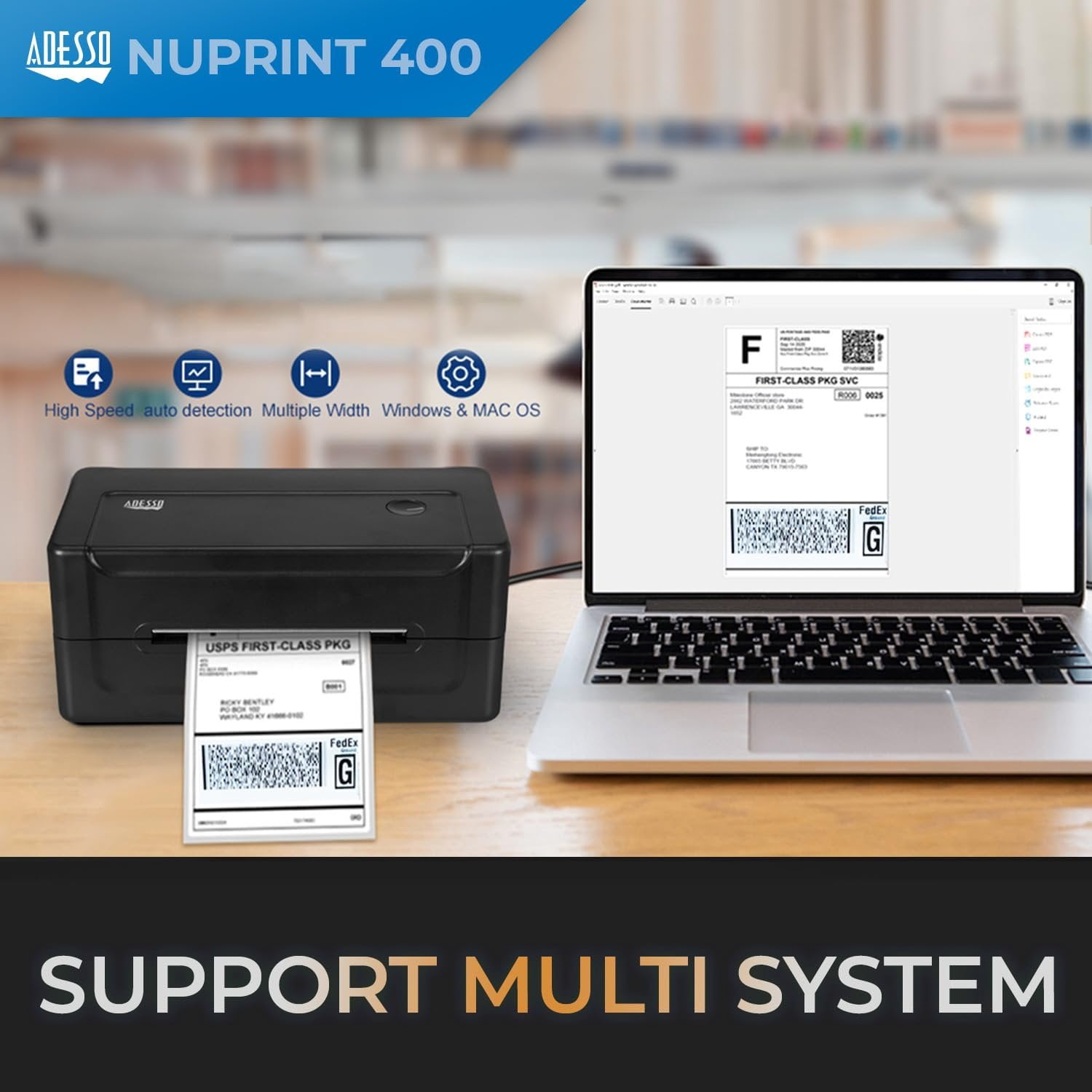 Adesso NuPrint 400 USB Thermal Shipping Label Printer  4x6 Thermal Paper, Label Printing, 1D & 2D Barcode Printing, Easy Paper Loading, Auto Paper Recognition