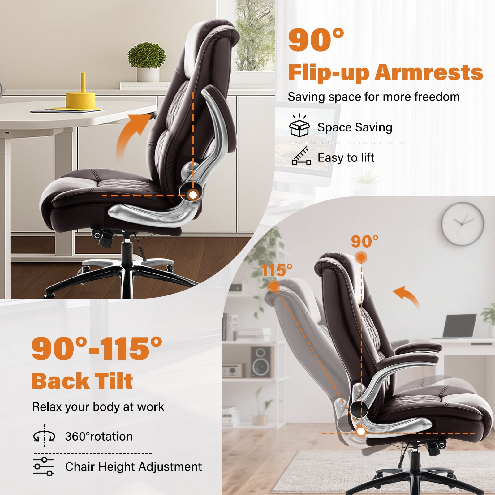 High Back Office Chair with Lumbar Support, Large Upholstered Executive Desk Chair, Faux Leather Computer Chair with Flip-up Arms, Rubber Wheels