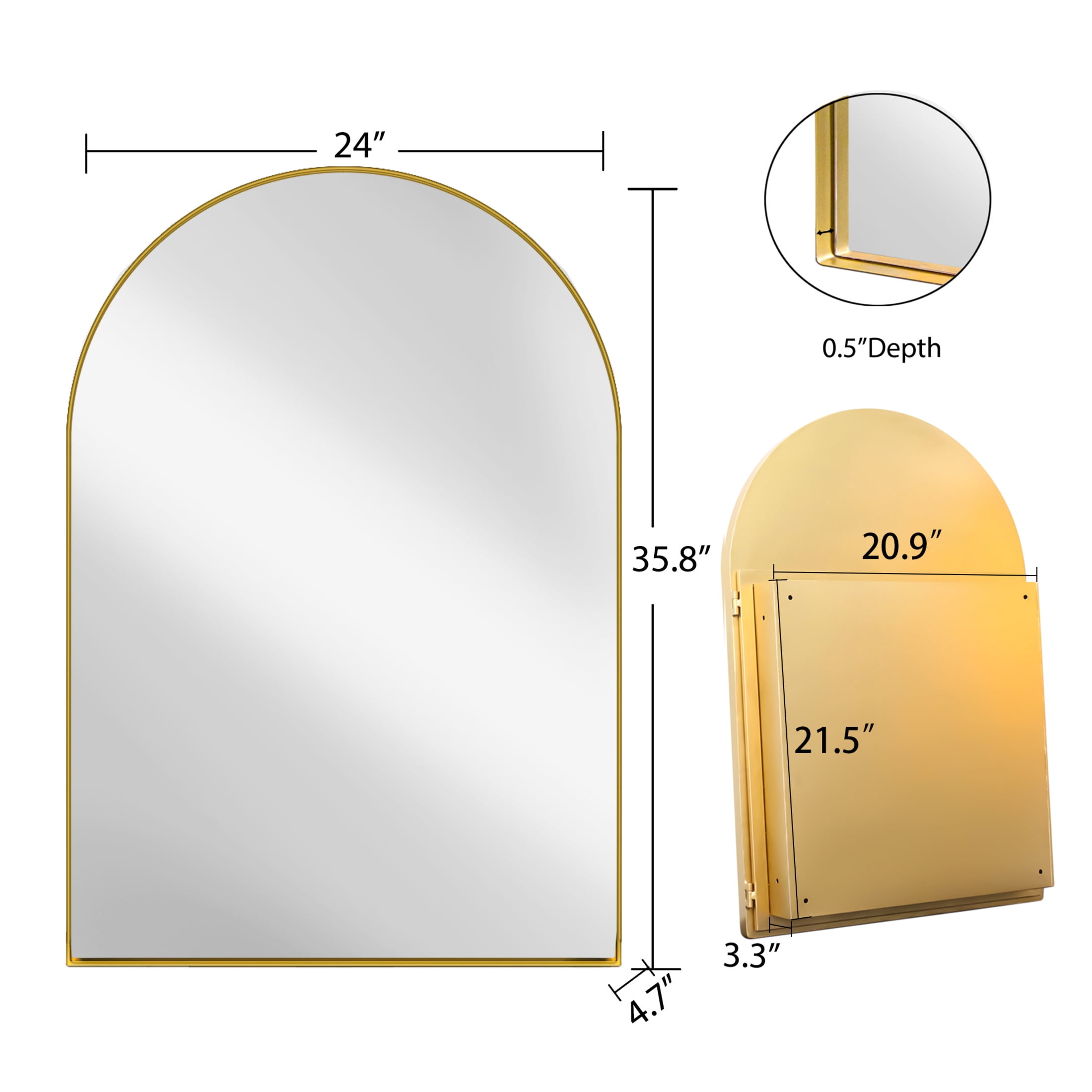 Noble House Arched Medicine Cabinet with Mirror, Recessed or Surface Mount, Adjustable Shelves, Matte Gold