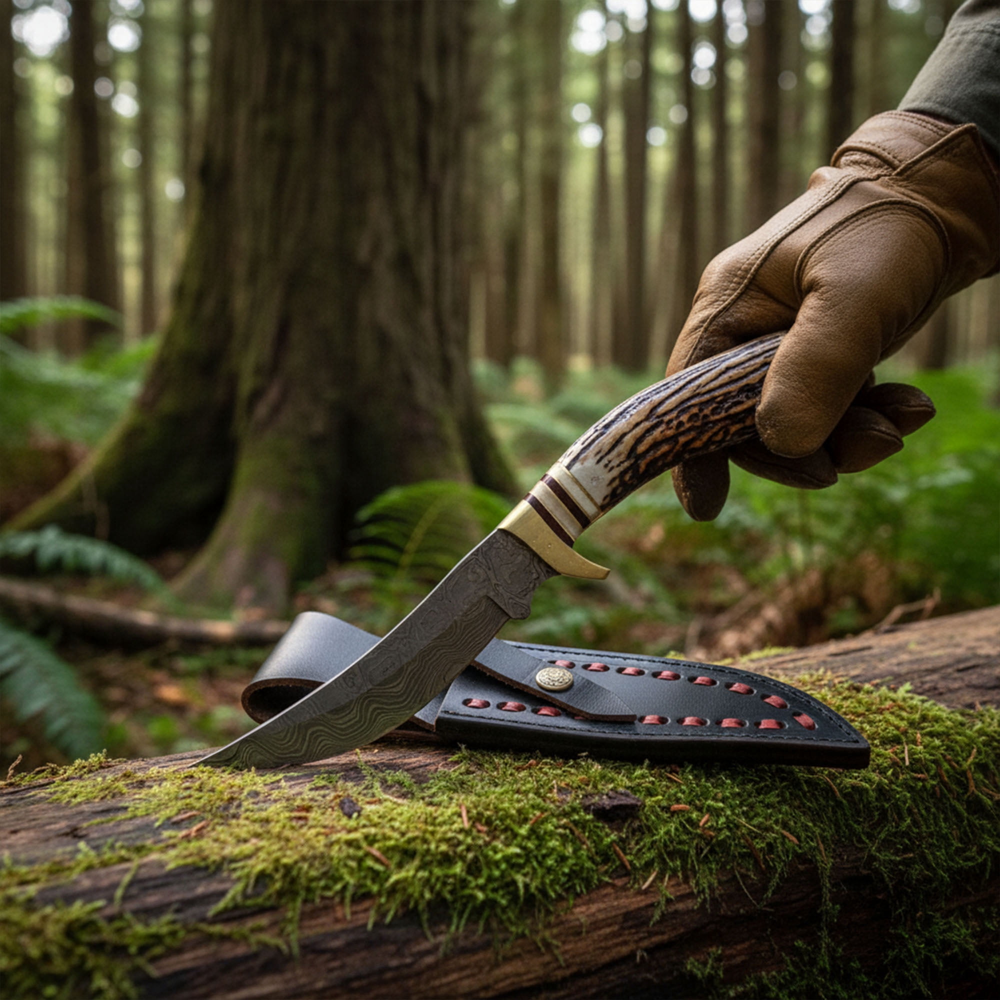 SANZ 10" Mountain Hunting Utility Knife With Stag Handle, Stainless Steel Blade and Leather Sheath