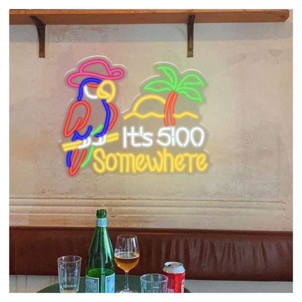 Letrero De Neón 5 O'Clock Somewhere Con Forma Loro, Ideal Para Decorar La Pared Un Bar Playa, Luz Regulable 40cmx50cm