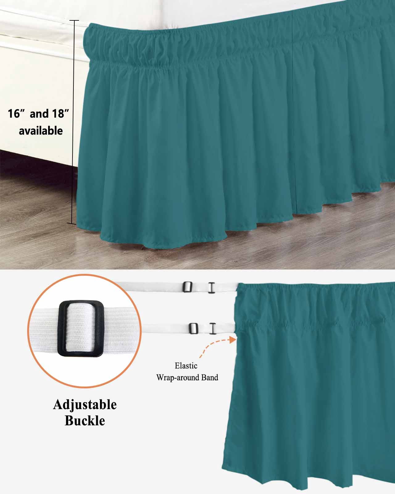 Solid Color Bed Skirt Teal Bed Skirts King Size 18 Inch Drop, Wrap Around Dust Ruffle&nbsp;Bedskirt with Adjustable Elastic Belt for Queen Size Beds