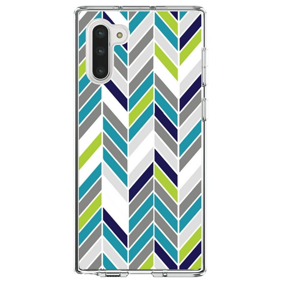 DistinctInk Clear Shockproof Hybrid Case for Samsung Galaxy Note 10 (6.3" Screen) - TPU Bumper, Acrylic Back, Tempered Glass Screen Protector - Teal Navy Grey Herringbone