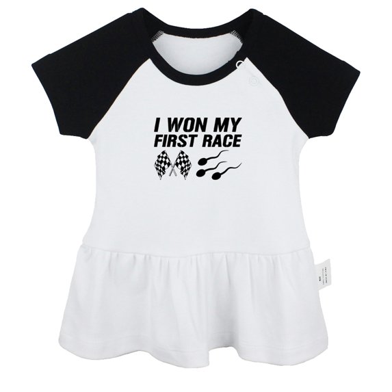 I Won My First Race Funny Dresses For Baby, Newborn Babies Skirts, Infant Princess Dress, 0-24M Kids Graphic Clothes (Black Raglan Dresses, 6-12 Months)