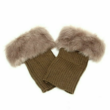 

khaki Women Winter Knitted Boot Cuffs Fur Knit Crochet Toppers Trim Socks Leg Warmer