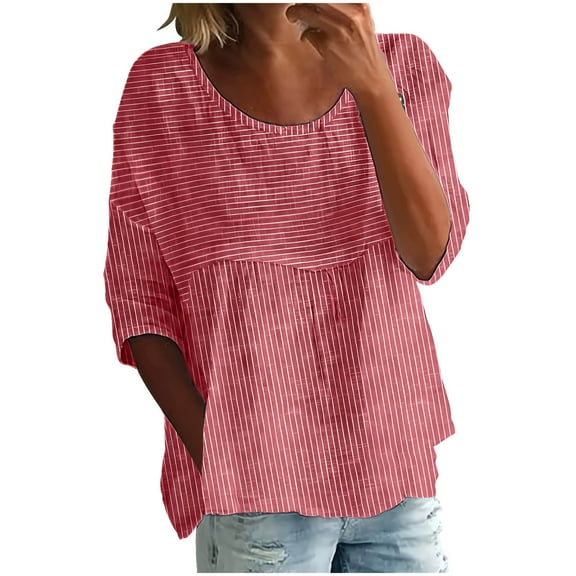 hotojiny Oversized Tshirts for Women Fashion Striped Casual Ruffle Hem Patchwork Tops Loose Crew Neck 3/4 Sleeve Blouse