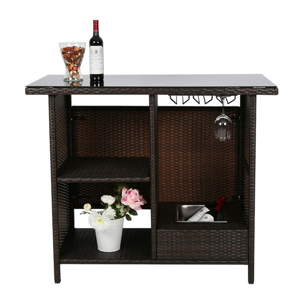 Kinbor Outdoor Wicker Bar Cart Serving Cart Kitchen Storage Shelves Rack Walmart Com Walmart Com
