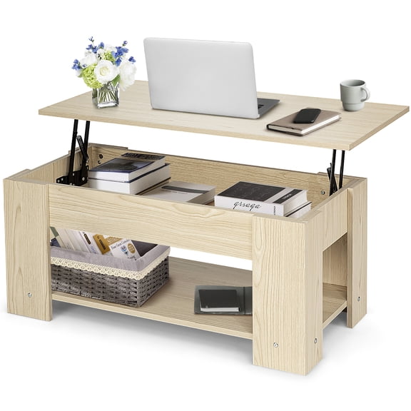 Costway Lift Top Coffee Table Modern Accent Table w/Hidden Storage Compartment & Shelf Natural