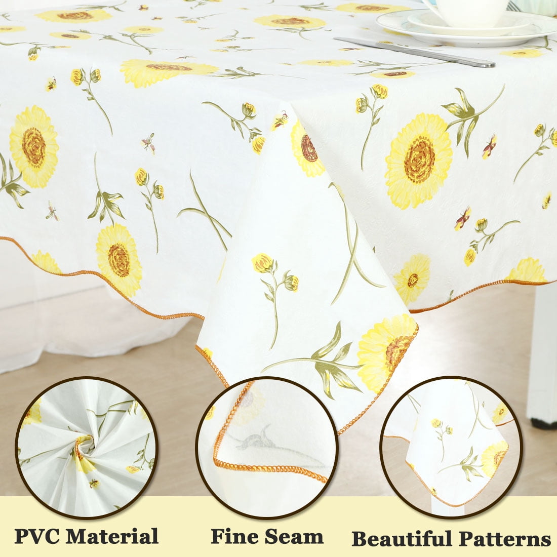 Unique Bargains Vinyl Rectangle Table Cover Yellow Flower Tablecloth 54" x 71"