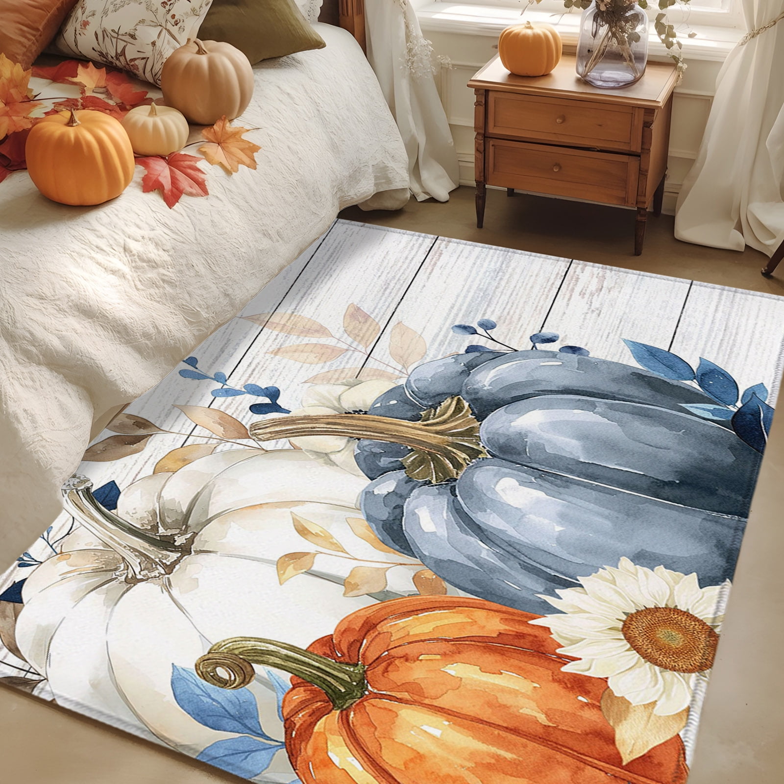 Rectangle Rug 4x6ft Area Rug Fam Autumn Pumpkin Fall Leaves Area Rugs for Living Room Bedroom Gray Wood Grain Floor Mat Non-Slip Non-Shedding Carpet Indoor Accent Rugs