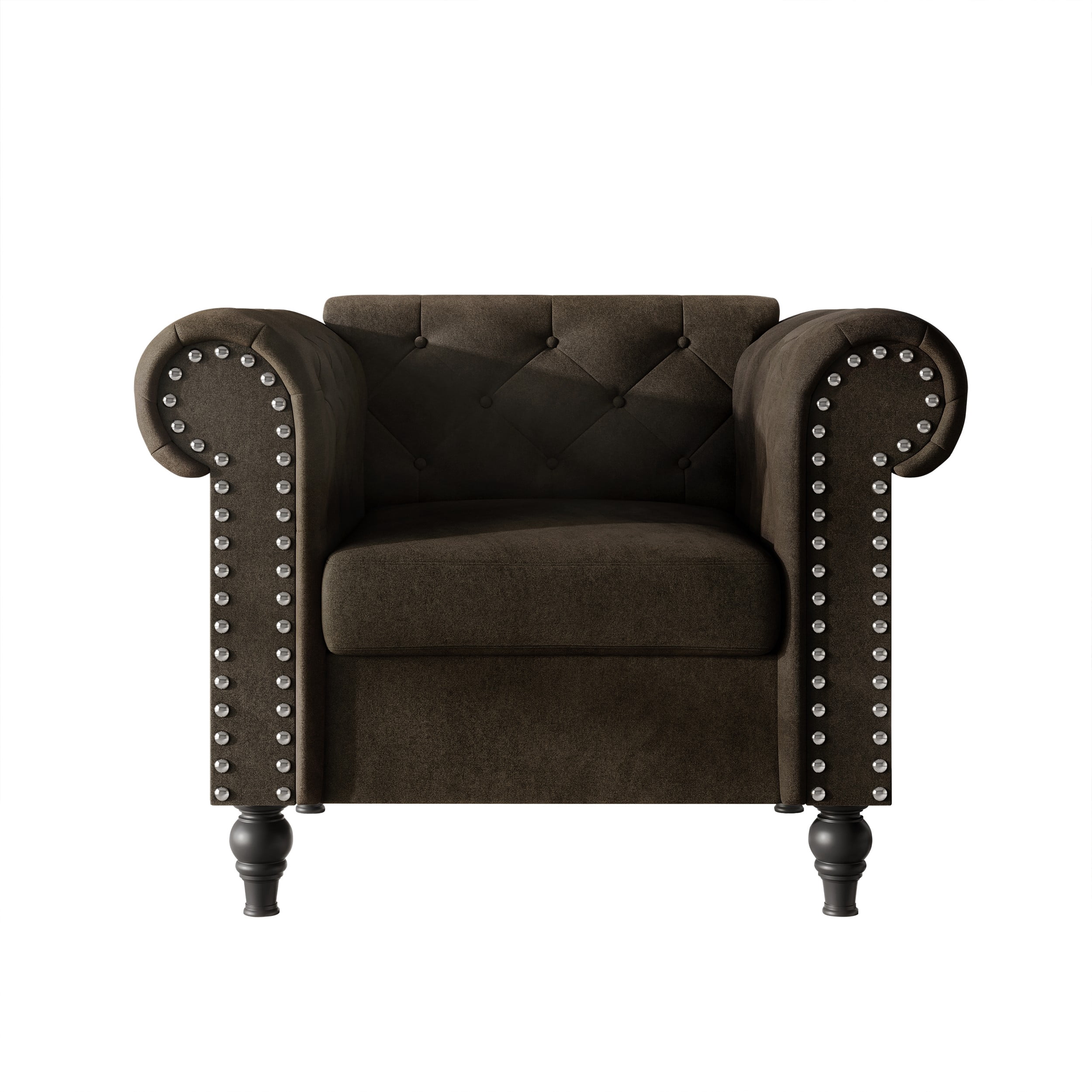 Home Design Kelso 3-Piece Velvet Living Room Set With Rolled Arm Chair, Loveseat and Sofa, Deep Button Tufting and Turned Legs, Brown