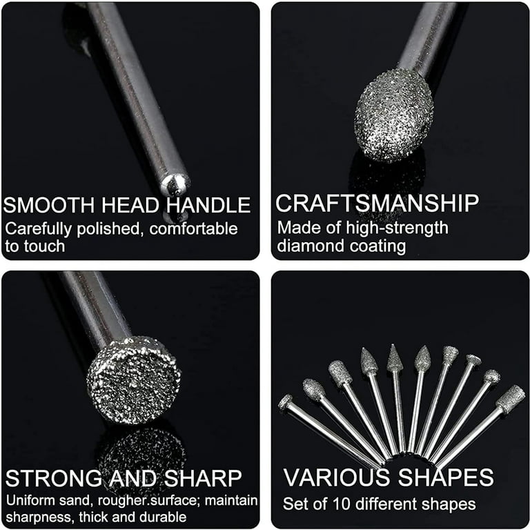 Stone Carving Set Diamond Burr Bits Compatible with Dremel, 11PCS Polishing  Kits Rotary Tools Small Long Cone Accessories with 1/8' Shank For Carving