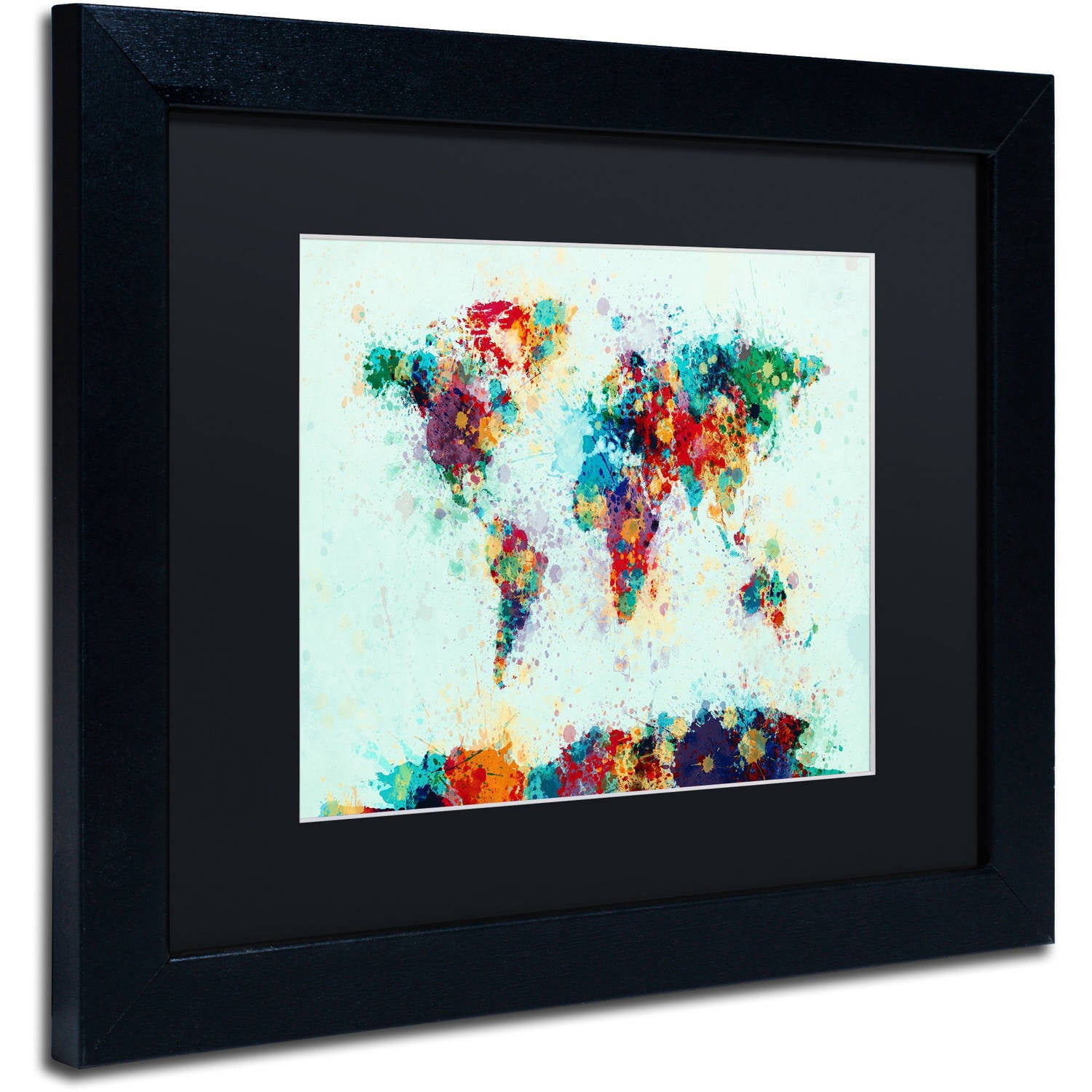 Trademark Fine Art "World Map Paint Splashes" Canvas Art by Michael Tompsett, Black Matte, Black Frame