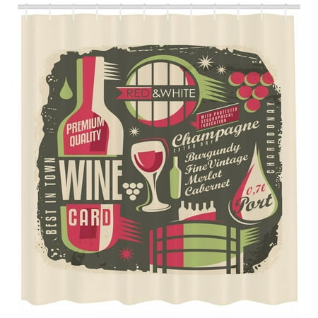 Wine Shower Curtain, Retro Poster Pattern with Alcoholic Hard Drinks Bottles Merlot Cabernet Restaurant, Fabric Bathroom Set with Hooks, 69W X 84L Inches Extra Long, Multicolor, by